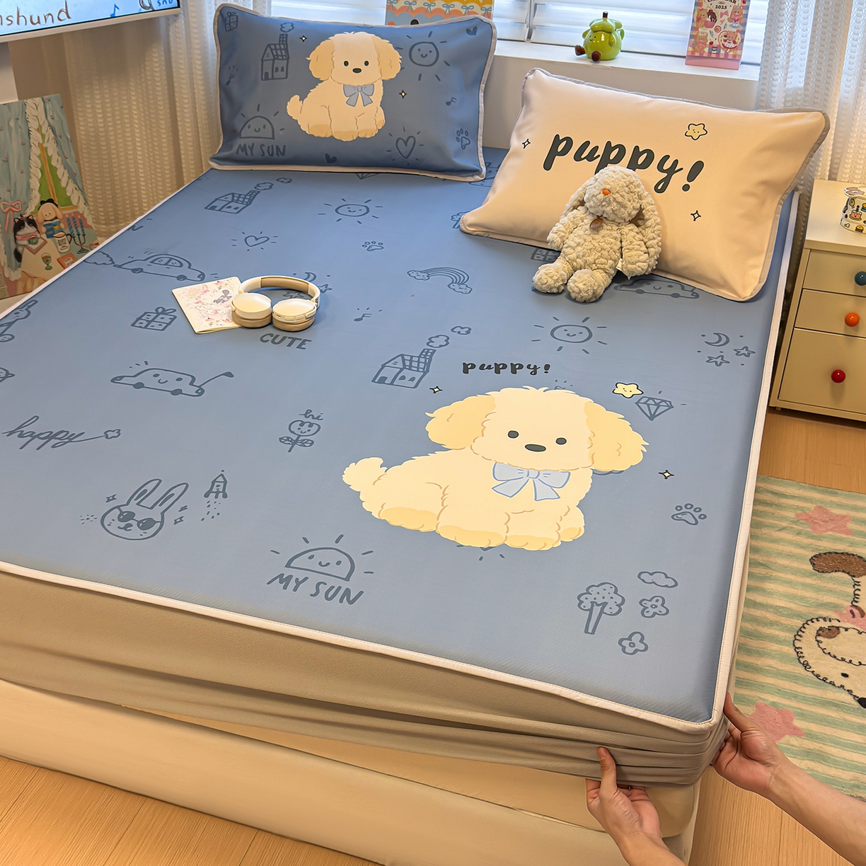 91家纺网 家纺一手货源 找家纺 （总）懒猫家纺 2026新款大版卡通凉感冰丝床笠款凉席席子