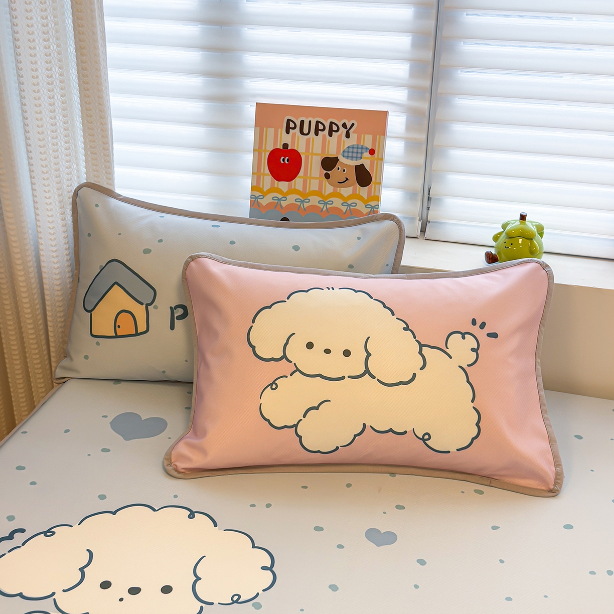 91家纺网 家纺一手货源 找家纺 懒猫家纺 2026新款大版卡通凉感冰丝床笠款凉席席子 床笠席-元气小狗