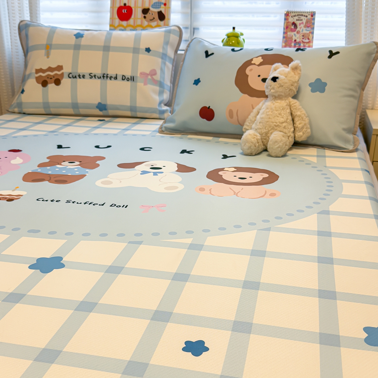 91家纺网 家纺一手货源 找家纺 懒猫家纺 2026新款大版卡通凉感冰丝床笠款凉席席子 床笠席-幸运家族