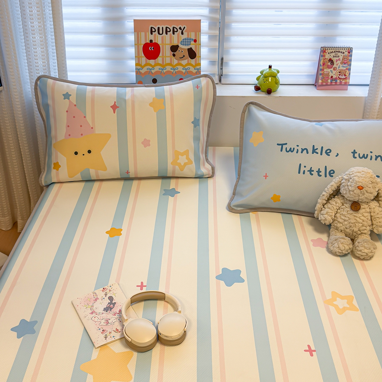 91家纺网 家纺一手货源 找家纺 懒猫家纺 2026新款大版卡通凉感冰丝床笠款凉席席子 床笠席-甜梦星愿