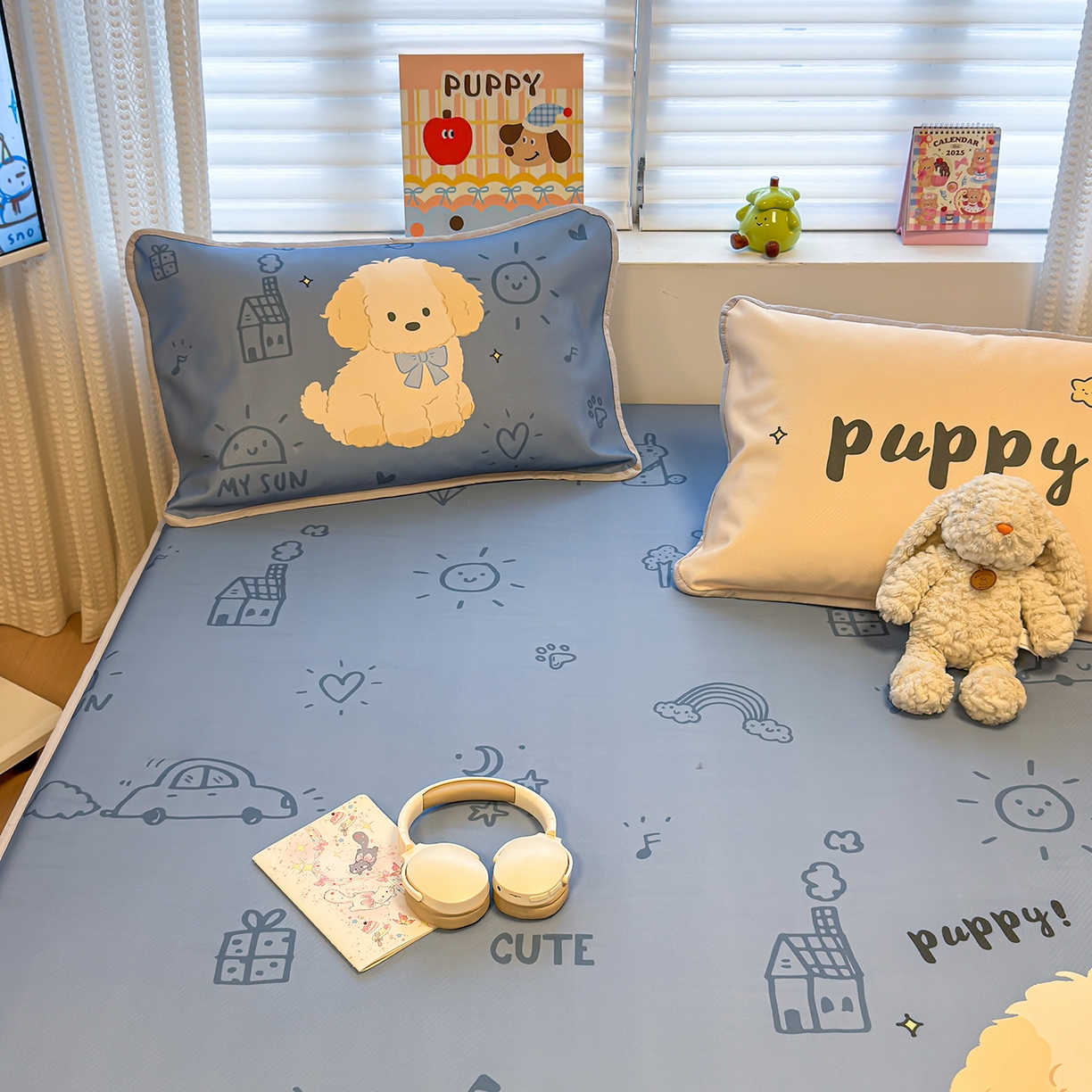 91家纺网 家纺一手货源 找家纺 懒猫家纺 2026新款大版卡通凉感冰丝床笠款凉席席子 床笠席-绅士狗狗