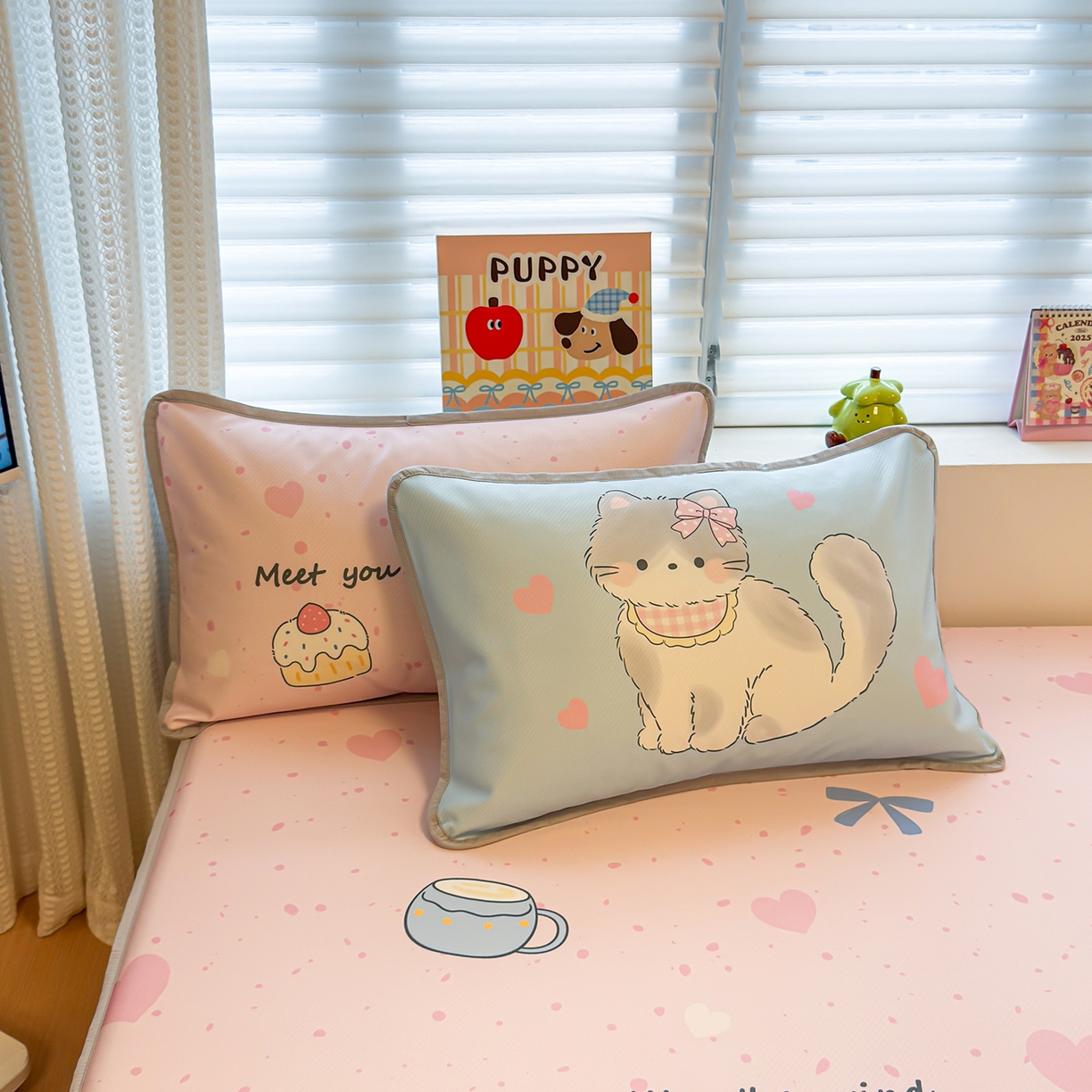 91家纺网 家纺一手货源 找家纺 懒猫家纺 2026新款大版卡通凉感冰丝床笠款凉席席子 床笠席-甜宠小猫