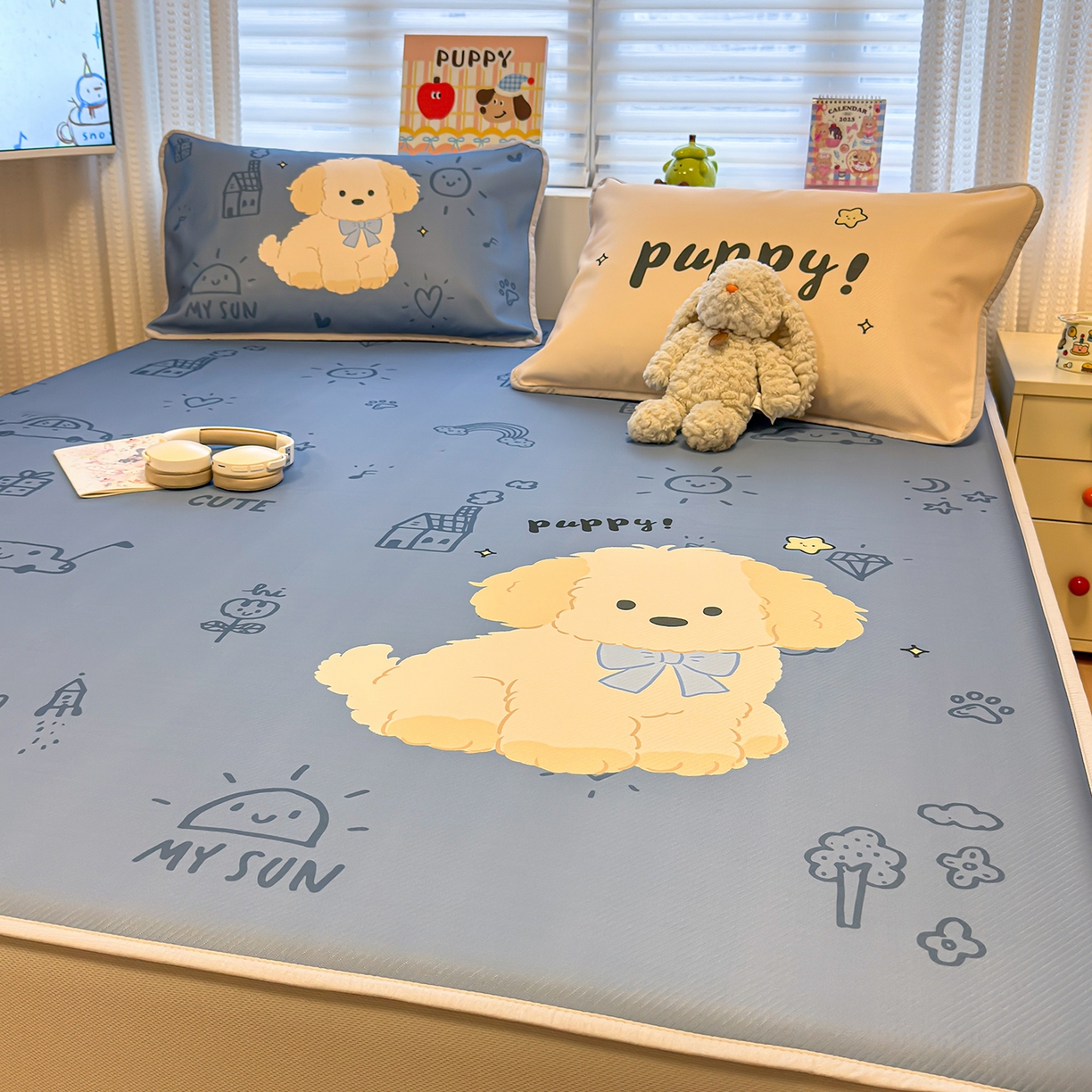 91家纺网 家纺一手货源 找家纺 懒猫家纺 2026新款大版卡通凉感冰丝床笠款凉席席子 床笠席-绅士狗狗