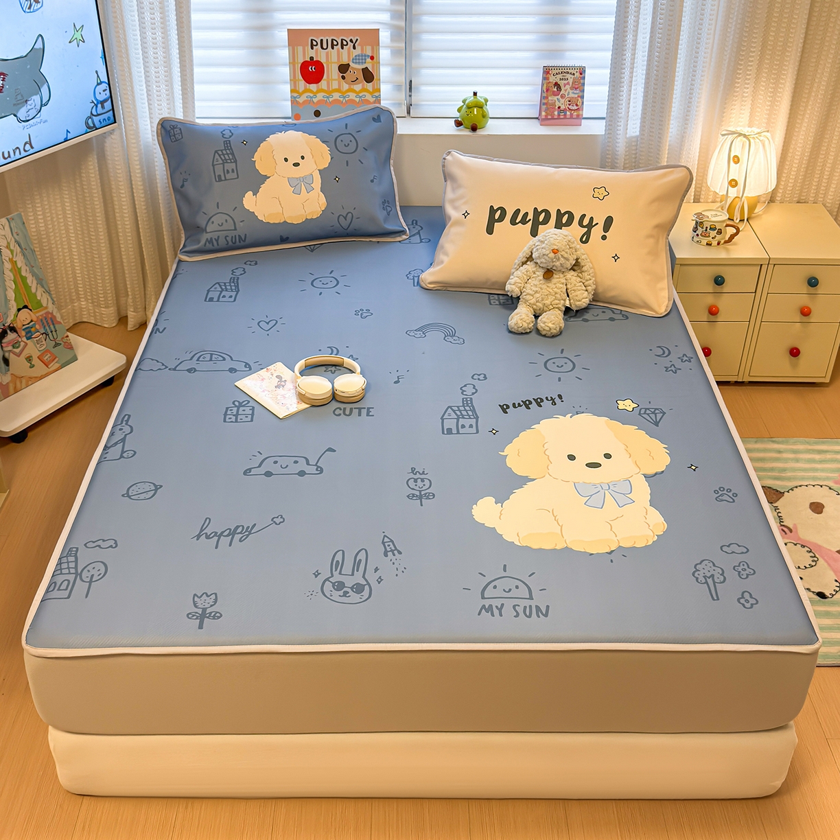 91家纺网 家纺一手货源 找家纺 懒猫家纺 2026新款大版卡通凉感冰丝床笠款凉席席子 床笠席-绅士狗狗