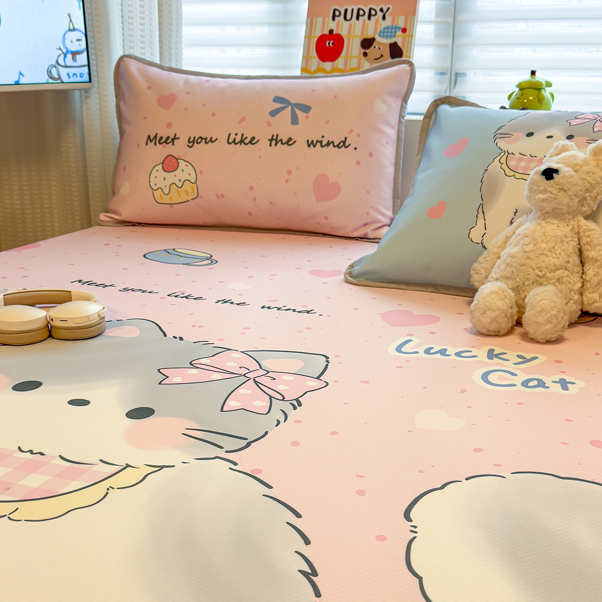 91家纺网 家纺一手货源 找家纺 懒猫家纺 2026新款大版卡通凉感冰丝床笠款凉席席子 床笠席-甜宠小猫