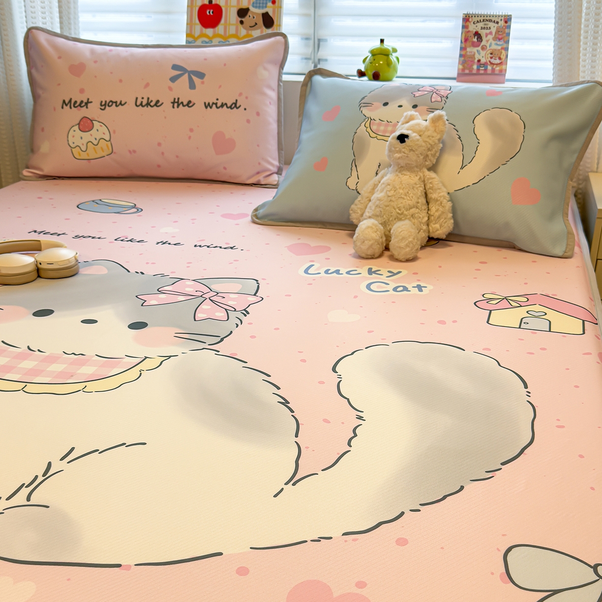 91家纺网 家纺一手货源 找家纺 懒猫家纺 2026新款大版卡通凉感冰丝床笠款凉席席子 床笠席-甜宠小猫
