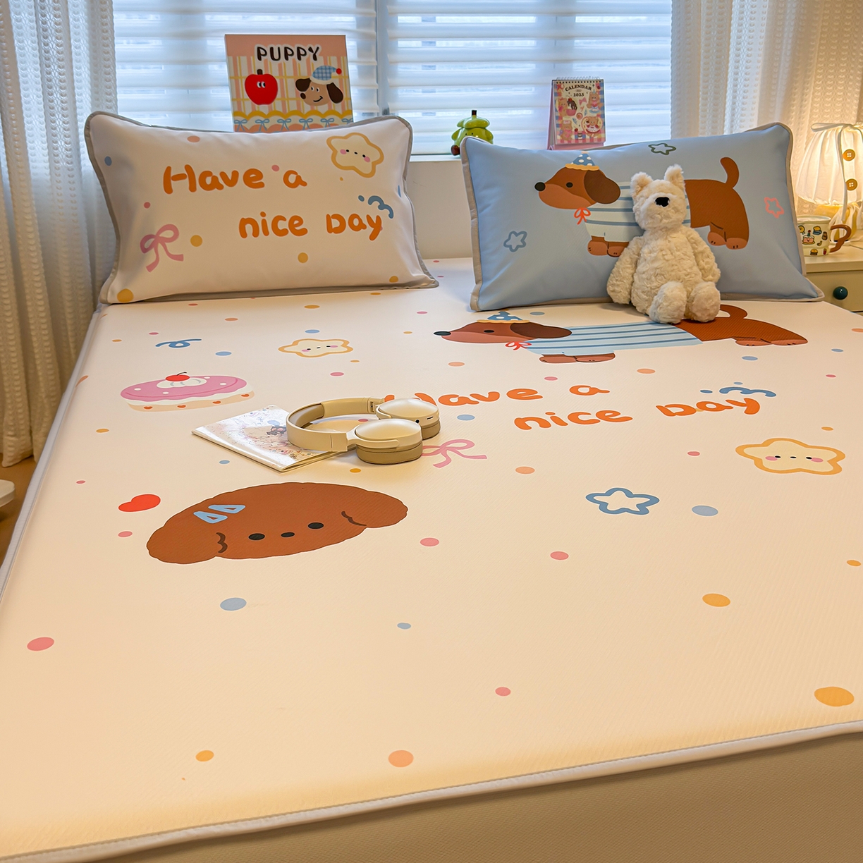 91家纺网 家纺一手货源 找家纺 懒猫家纺 2026新款大版卡通凉感冰丝床笠款凉席席子 床笠席-彩豆旺柴