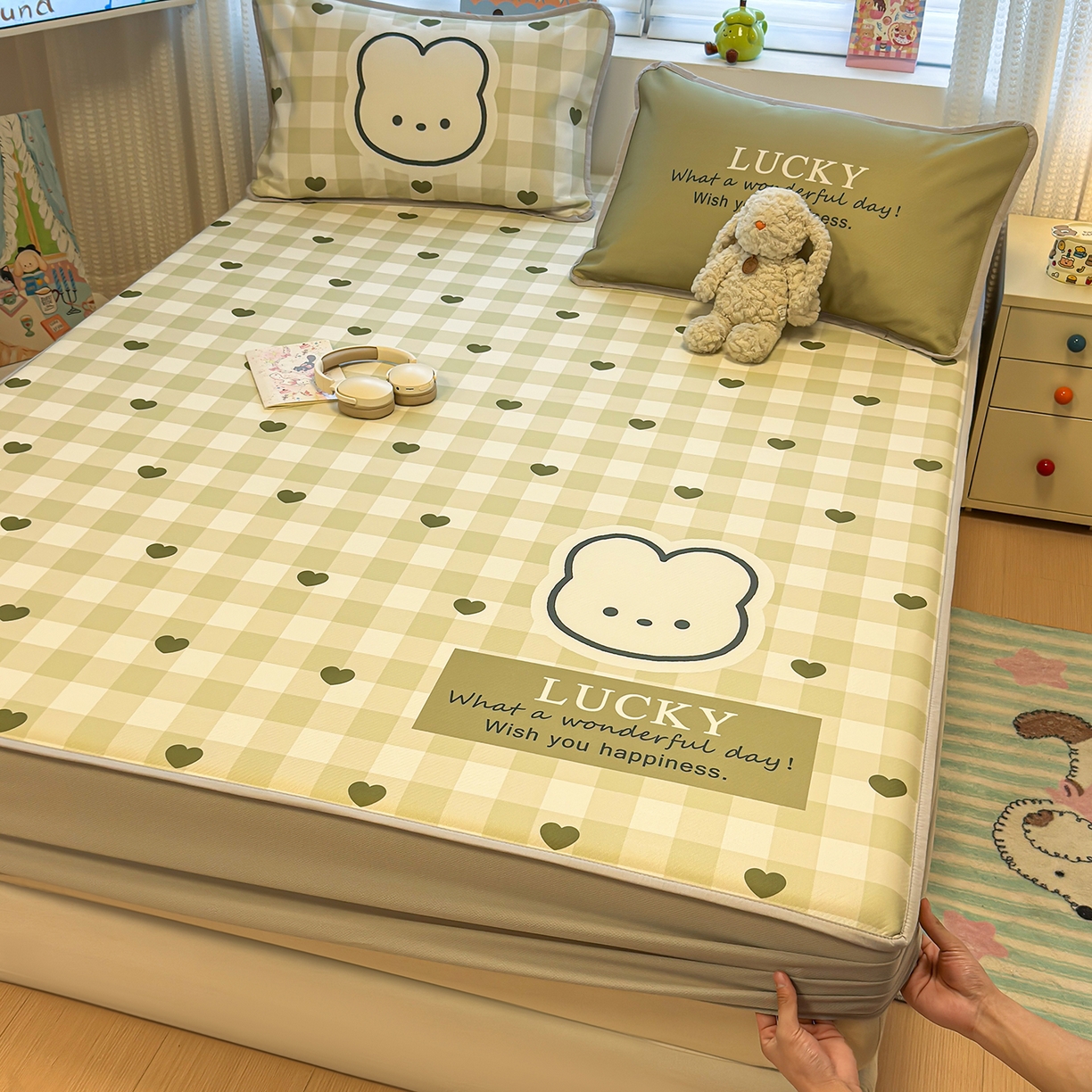 懒猫家纺 2026新款大版卡通凉感冰丝床笠款凉席席子 床笠席-绿格小熊