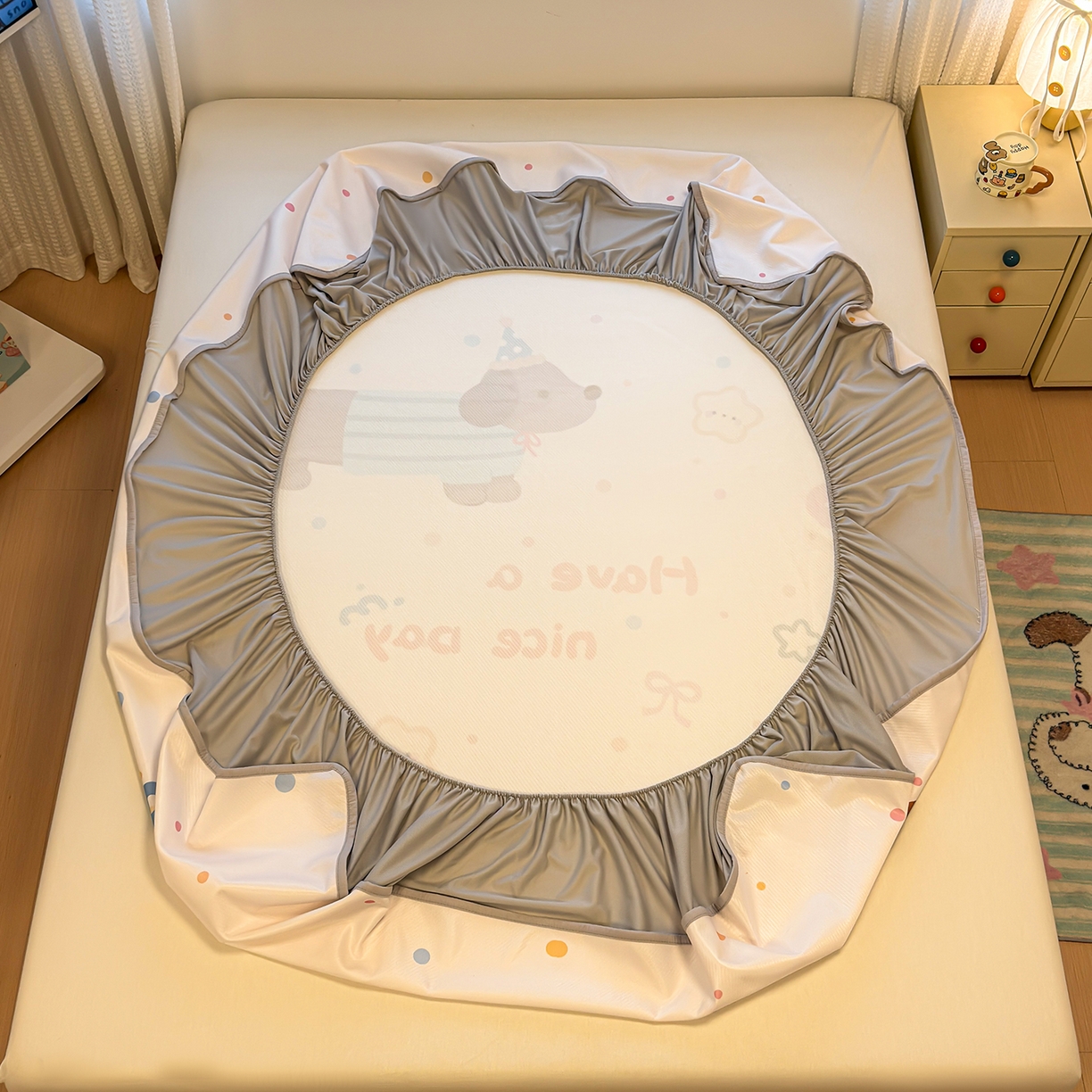 91家纺网 家纺一手货源 找家纺 懒猫家纺 2026新款大版卡通凉感冰丝床笠款凉席席子 床笠席-彩豆旺柴