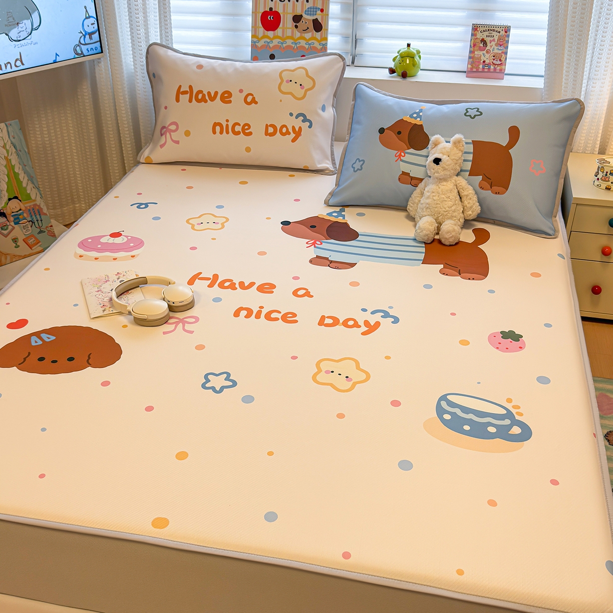 91家纺网 家纺一手货源 找家纺 懒猫家纺 2026新款大版卡通凉感冰丝床笠款凉席席子 床笠席-彩豆旺柴