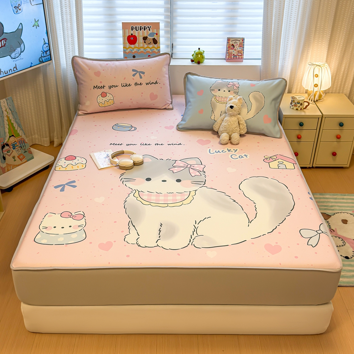 91家纺网 家纺一手货源 找家纺 懒猫家纺 2026新款大版卡通凉感冰丝床笠款凉席席子 床笠席-甜宠小猫