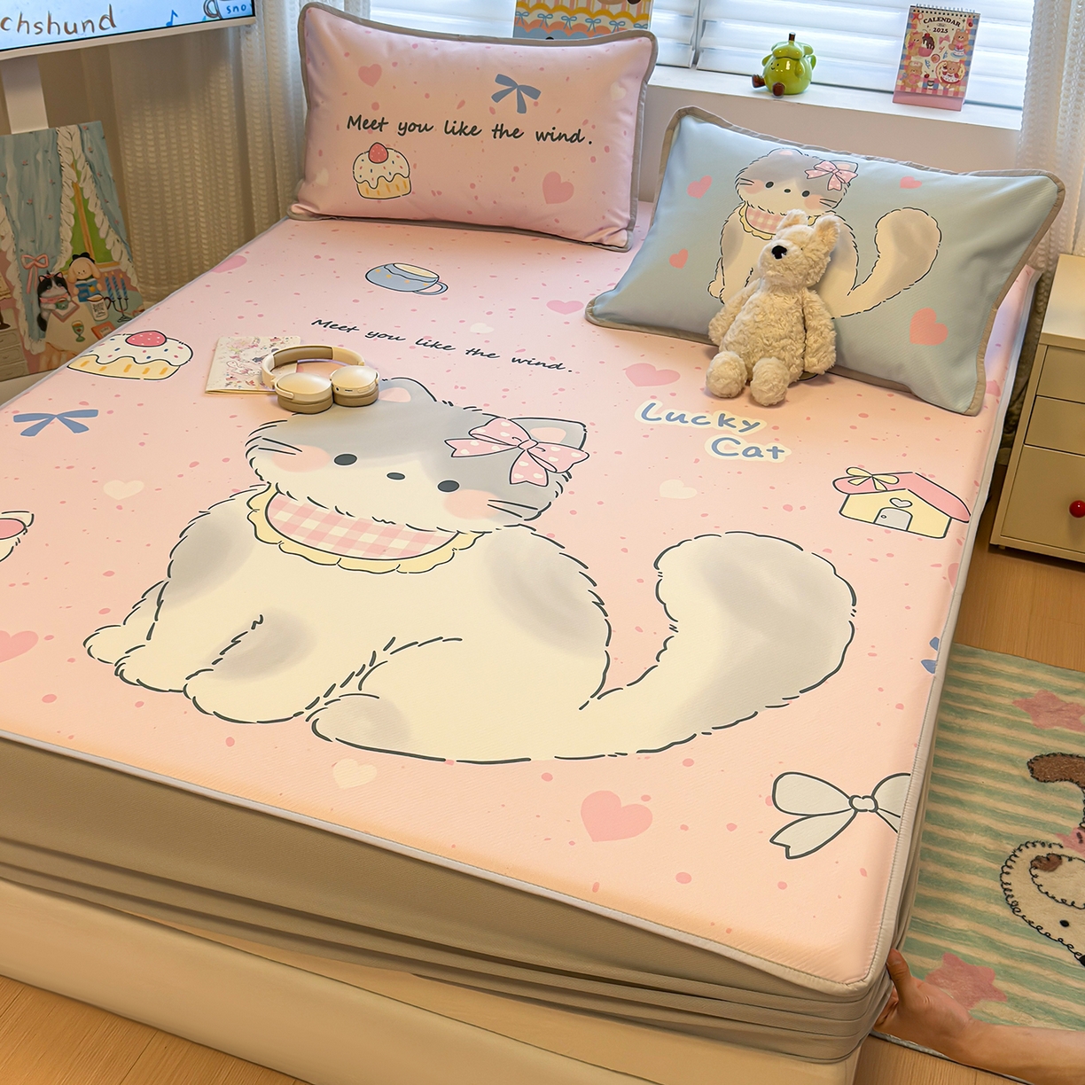 91家纺网 家纺一手货源 找家纺 懒猫家纺 2026新款大版卡通凉感冰丝床笠款凉席席子 床笠席-甜宠小猫