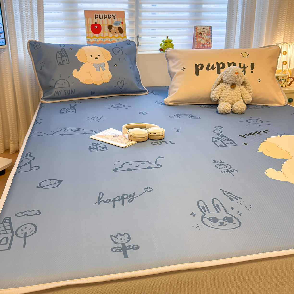 91家纺网 家纺一手货源 找家纺 懒猫家纺 2026新款大版卡通凉感冰丝床笠款凉席席子 床笠席-绅士狗狗