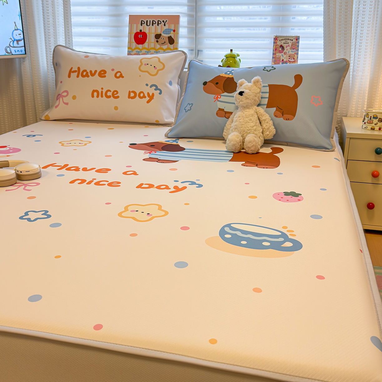 91家纺网 家纺一手货源 找家纺 懒猫家纺 2026新款大版卡通凉感冰丝床笠款凉席席子 床笠席-彩豆旺柴