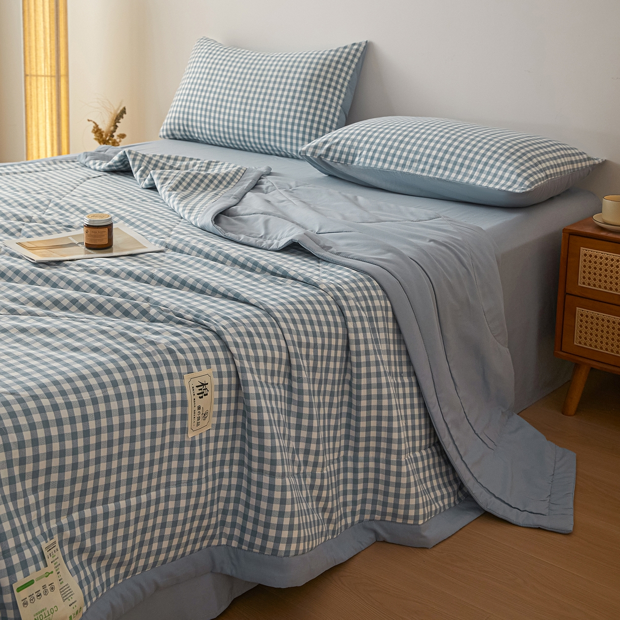 91家纺网 家纺一手货源 找家纺 寐眠 2026新款A类水洗棉棉花夏凉空调被 冰蓝小格