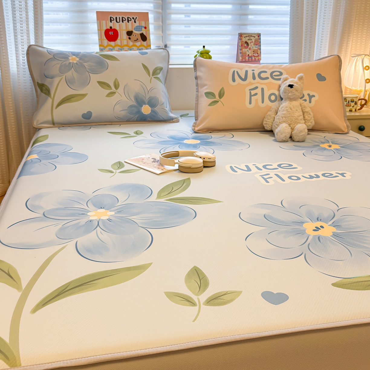 91家纺网 家纺一手货源 找家纺 懒猫家纺 2026新款大版卡通凉感冰丝床笠款凉席席子 床笠席-清欢小花