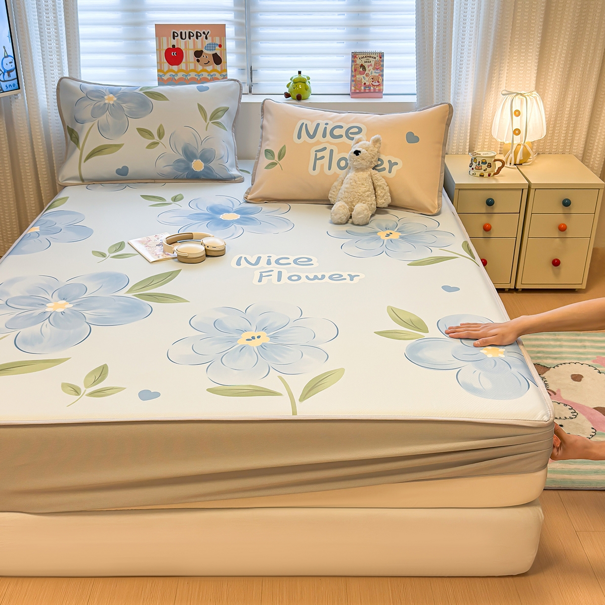 91家纺网 家纺一手货源 找家纺 懒猫家纺 2026新款大版卡通凉感冰丝床笠款凉席席子 床笠席-清欢小花