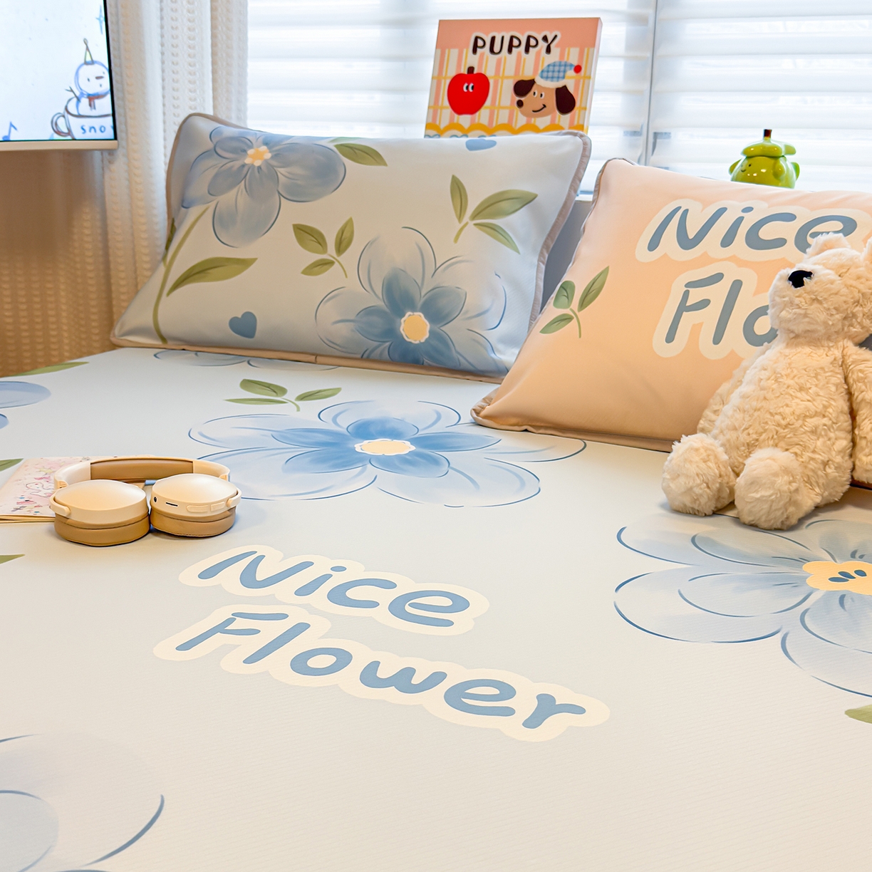 91家纺网 家纺一手货源 找家纺 懒猫家纺 2026新款大版卡通凉感冰丝床笠款凉席席子 床笠席-清欢小花