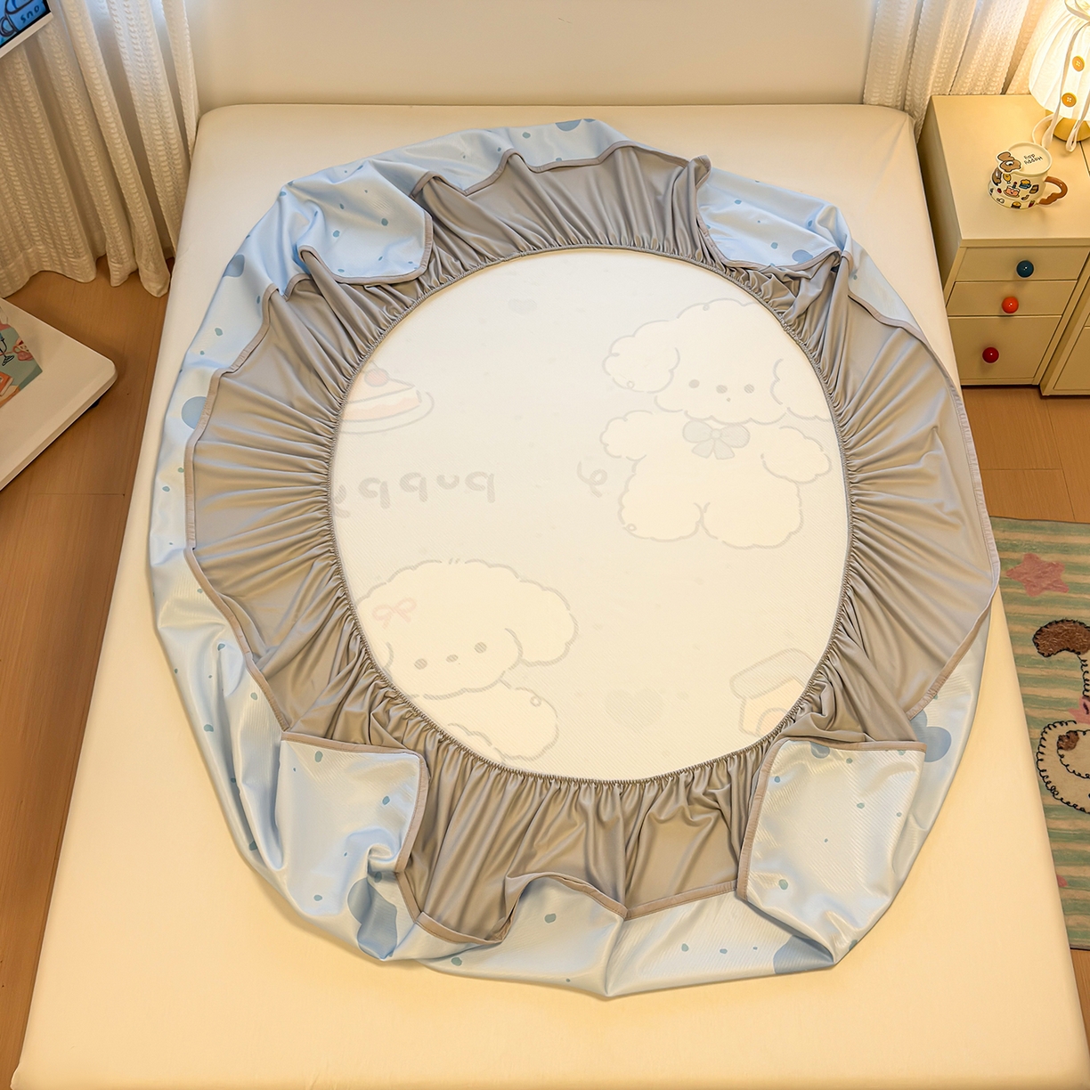 91家纺网 家纺一手货源 找家纺 懒猫家纺 2026新款大版卡通凉感冰丝床笠款凉席席子 床笠席-元气小狗