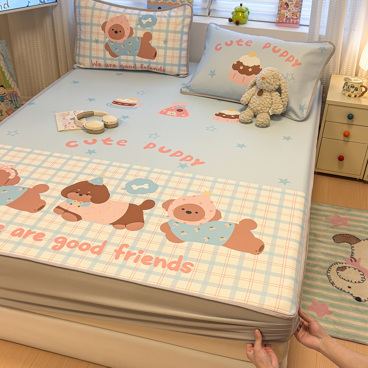 懒猫家纺 2026新款大版卡通凉感冰丝床笠款凉席席子 床笠席-友趣小狗