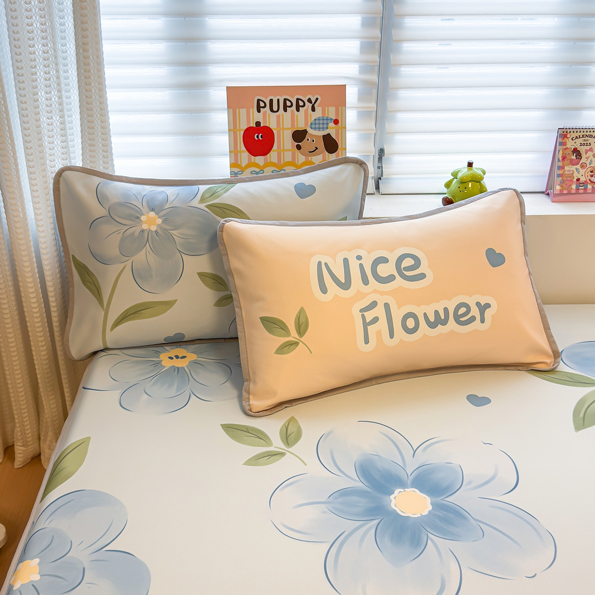 91家纺网 家纺一手货源 找家纺 懒猫家纺 2026新款大版卡通凉感冰丝床笠款凉席席子 床笠席-清欢小花