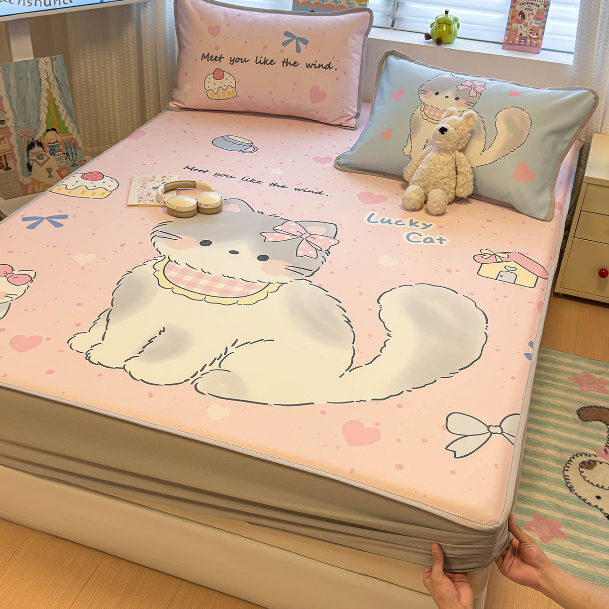 懒猫家纺 2026新款大版卡通凉感冰丝床笠款凉席席子 床笠席-甜宠小猫