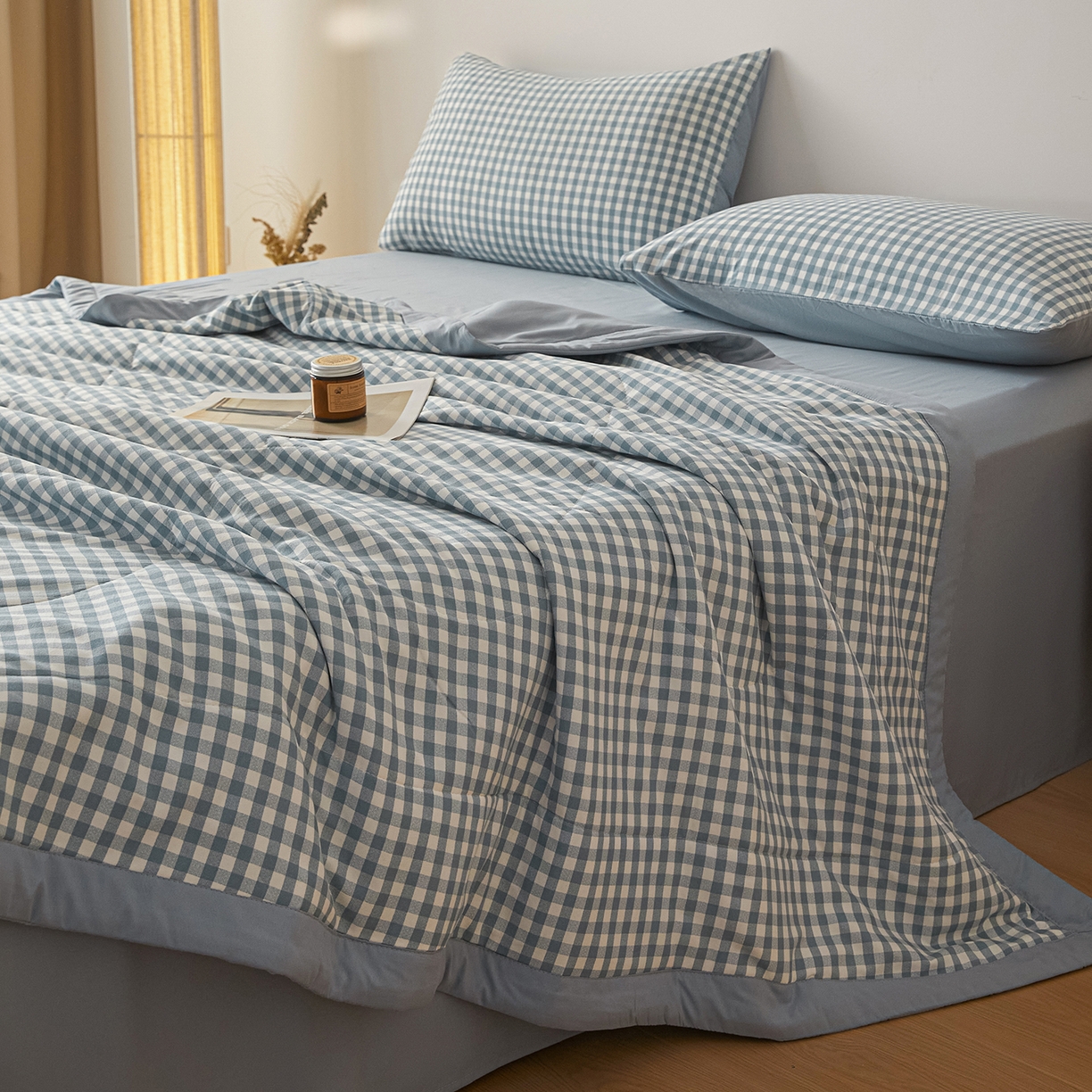 91家纺网 家纺一手货源 找家纺 寐眠 2026新款A类水洗棉棉花夏凉空调被 冰蓝小格