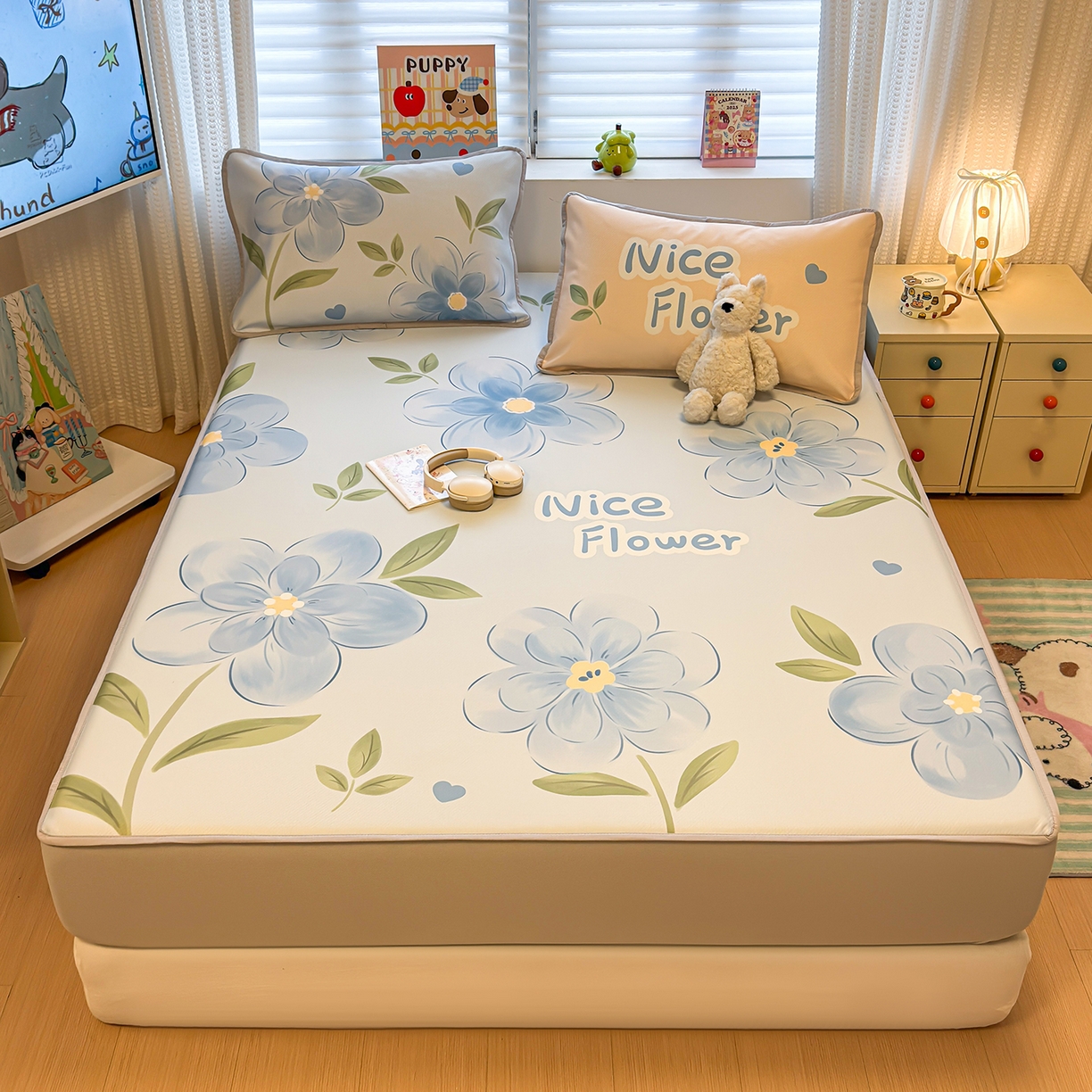 91家纺网 家纺一手货源 找家纺 懒猫家纺 2026新款大版卡通凉感冰丝床笠款凉席席子 床笠席-清欢小花