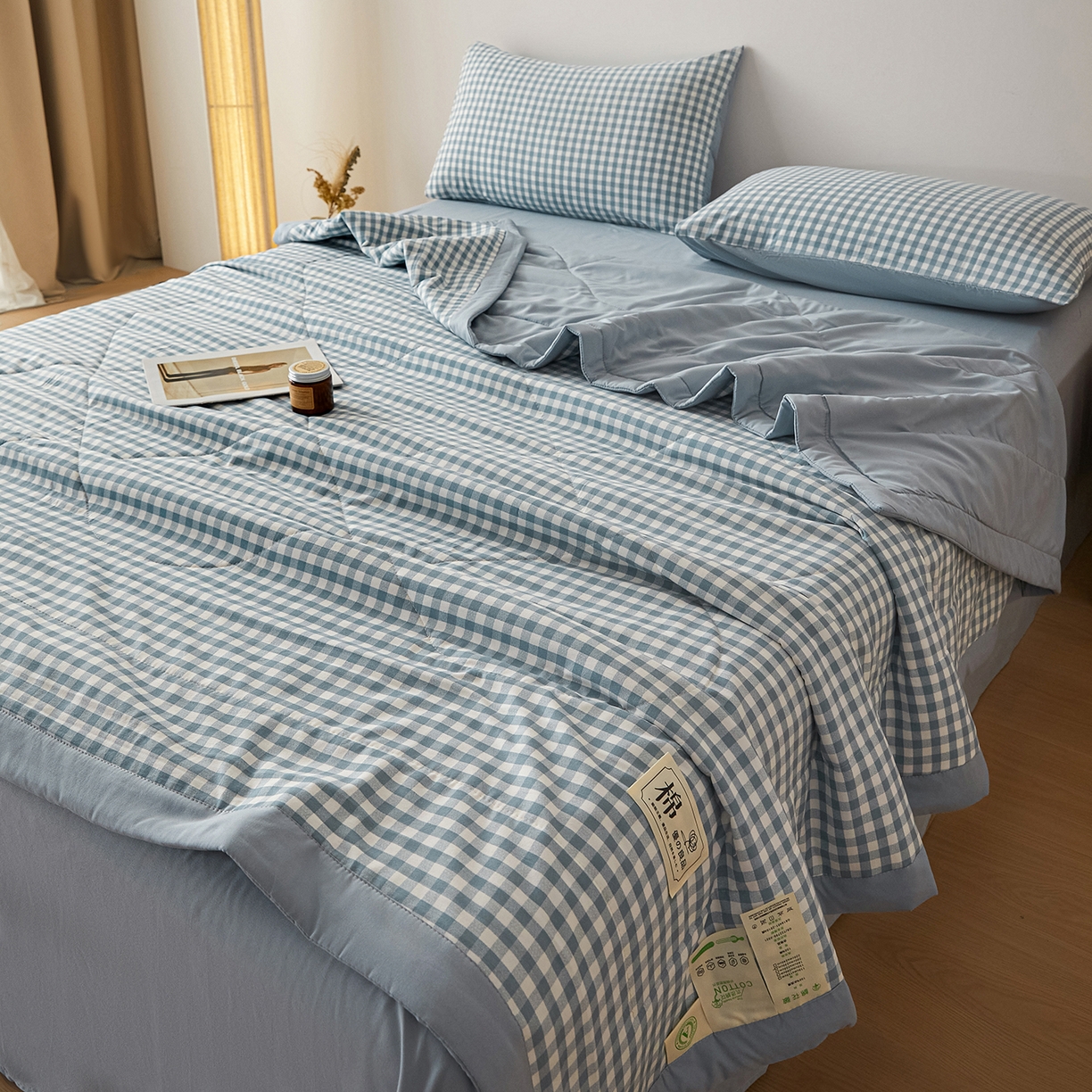 91家纺网 家纺一手货源 找家纺 寐眠 2026新款A类水洗棉棉花夏凉空调被 冰蓝小格