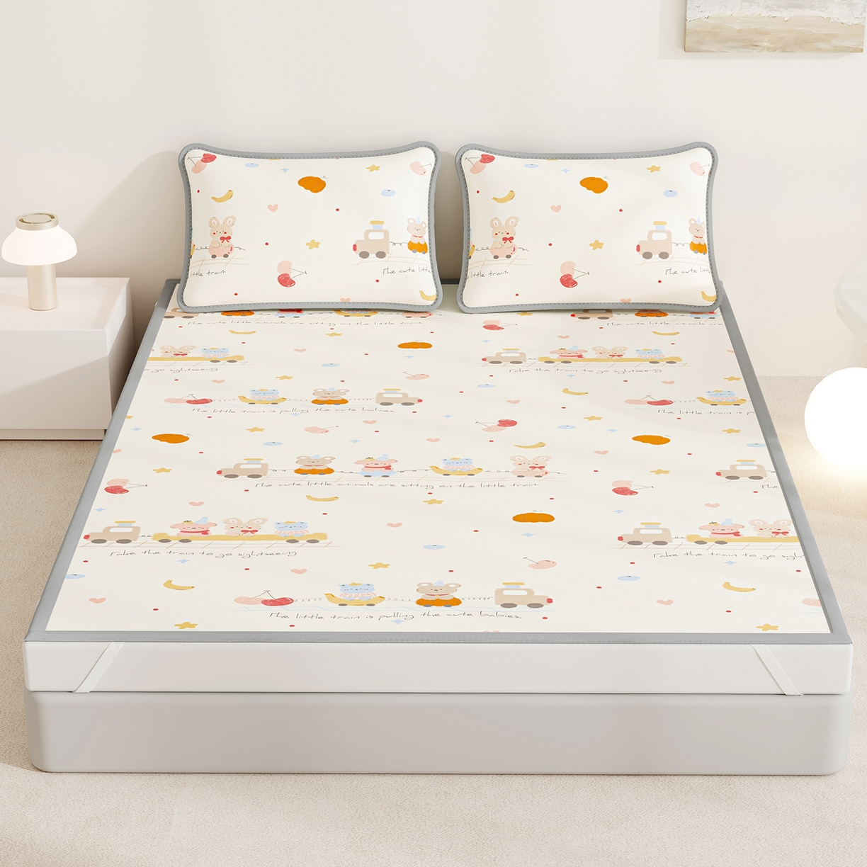 奇丝雅 2026A类数码印花大版卡通冰丝凉席双人席可机洗学生宿舍空调软席三件套三明治网底 萌宝小火车