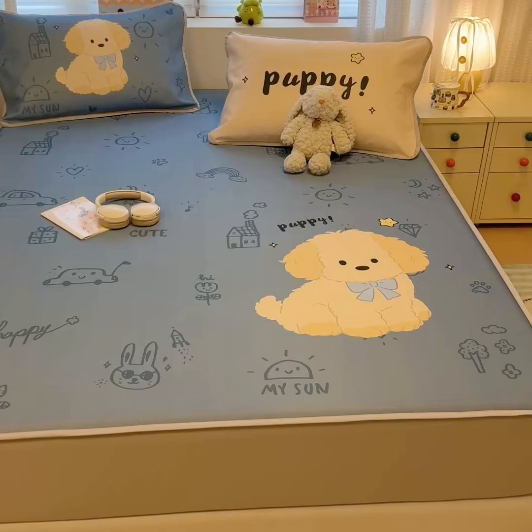 91家纺网 家纺一手货源 找家纺 懒猫家纺 2026新款大版卡通凉感冰丝床笠款凉席席子 床笠席-绅士狗狗