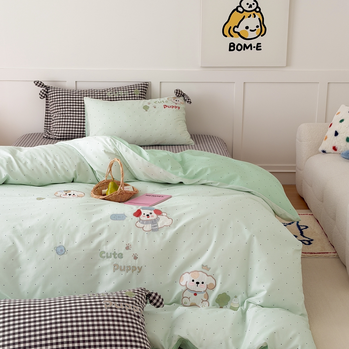 91家纺网 家纺一手货源 找家纺 懒猫家纺 2026新款【童趣系列】全棉纯棉印花刺绣套件【带礼盒】【带图片同款立体蝴蝶结】 狗狗的森旅