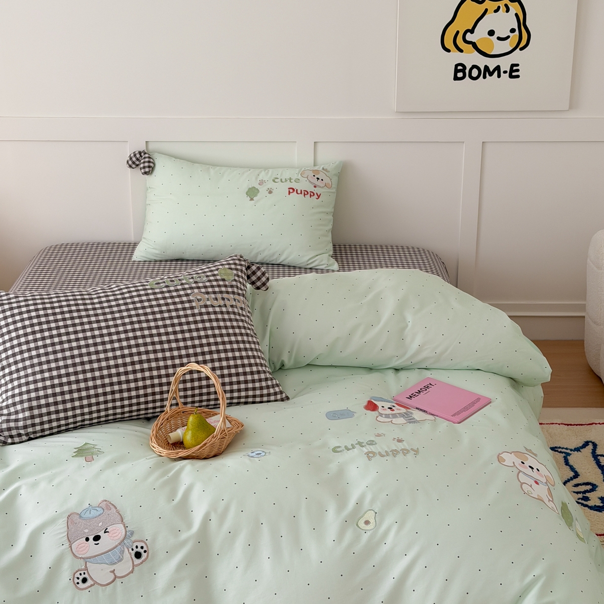 91家纺网 家纺一手货源 找家纺 懒猫家纺 2026新款【童趣系列】全棉纯棉印花刺绣套件【带礼盒】【带图片同款立体蝴蝶结】 狗狗的森旅