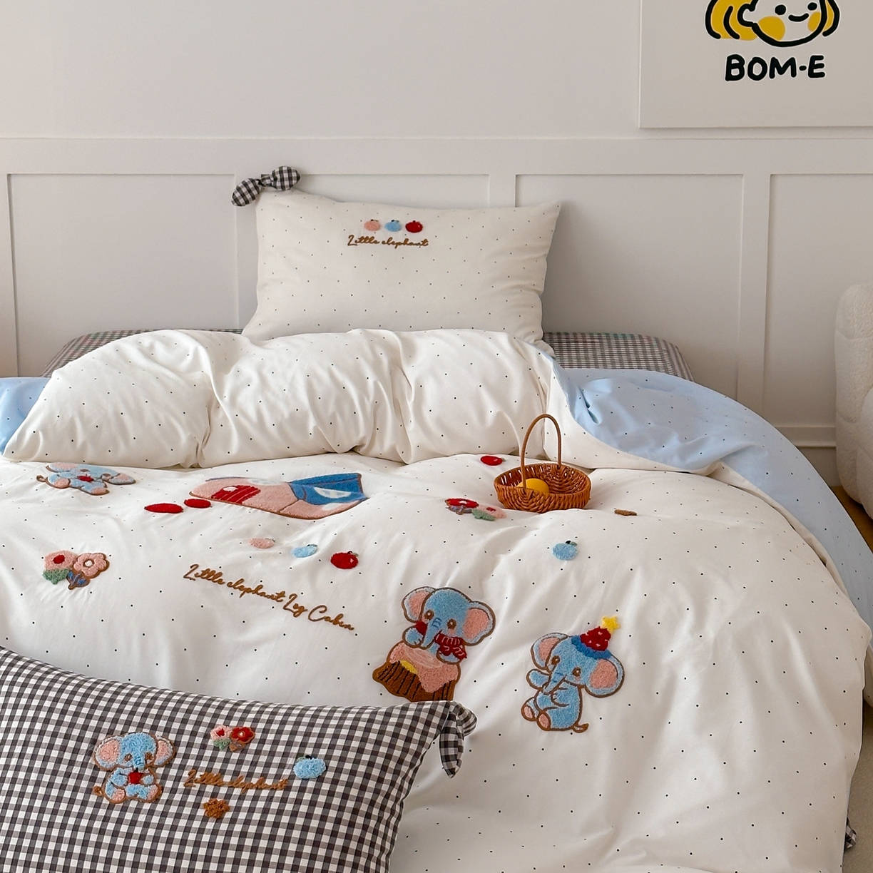 91家纺网 家纺一手货源 找家纺 懒猫家纺 2026新款【童趣系列】全棉纯棉印花刺绣套件【带礼盒】【带图片同款立体蝴蝶结】 小象日记