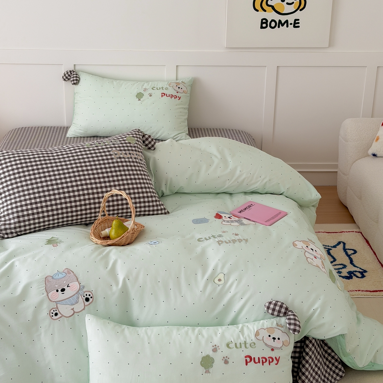 91家纺网 家纺一手货源 找家纺 懒猫家纺 2026新款【童趣系列】全棉纯棉印花刺绣套件【带礼盒】【带图片同款立体蝴蝶结】 狗狗的森旅