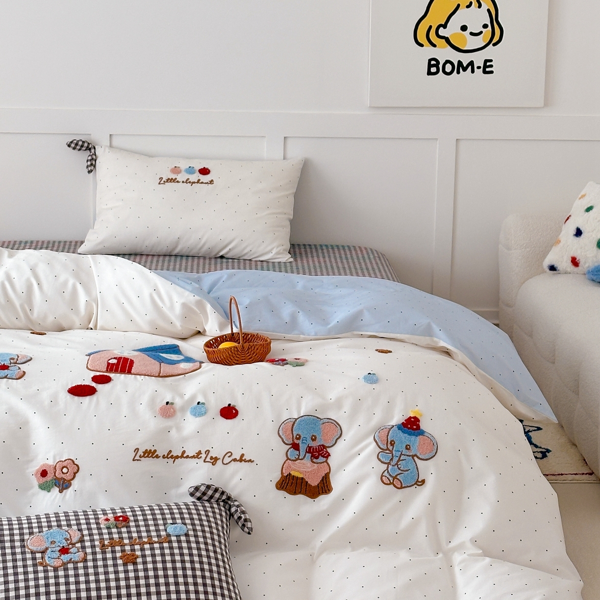 91家纺网 家纺一手货源 找家纺 懒猫家纺 2026新款【童趣系列】全棉纯棉印花刺绣套件【带礼盒】【带图片同款立体蝴蝶结】 小象日记