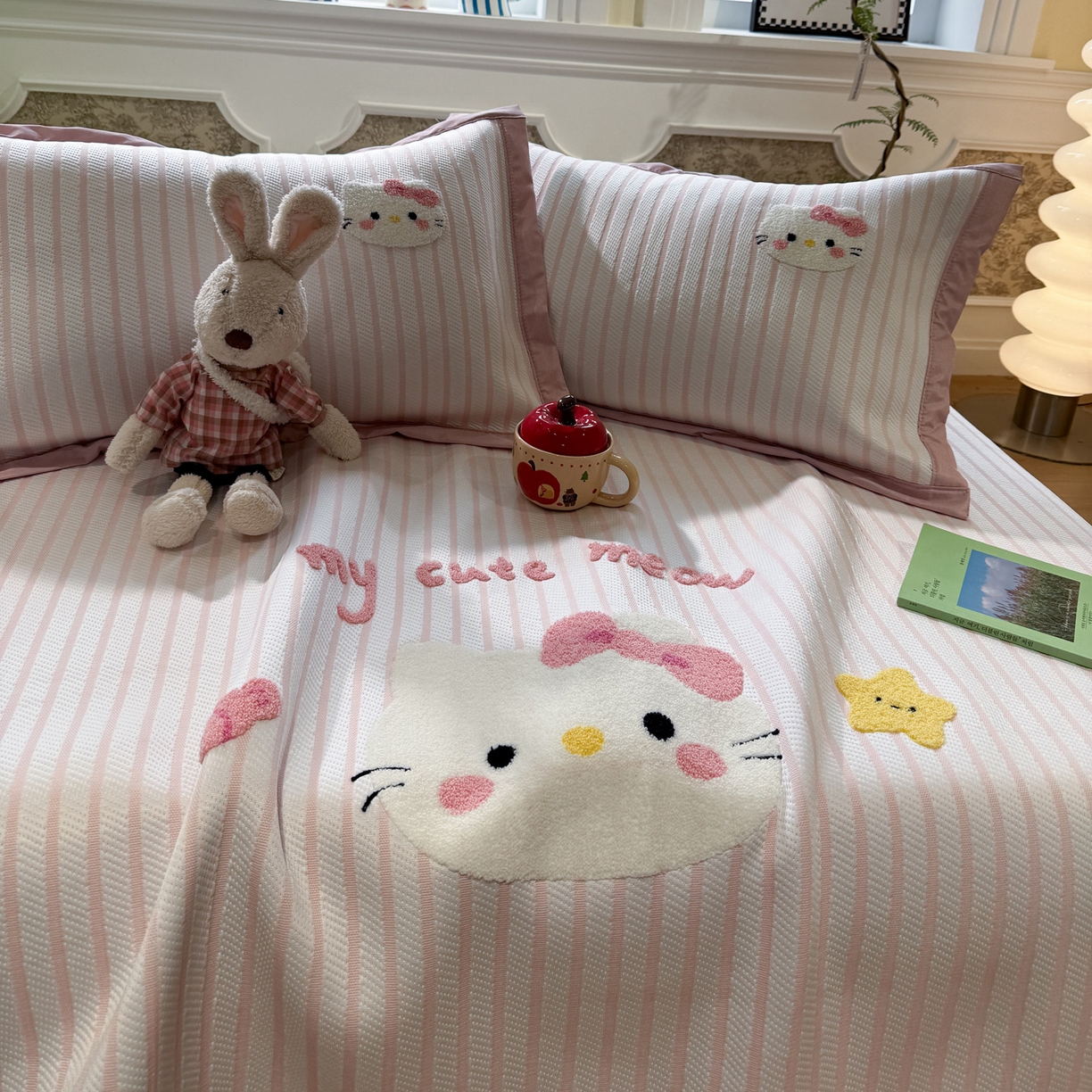 91家纺网 家纺一手货源 找家纺 雅居纺家纺 2026春夏新款PE凉感提花绣花凉席席子 平席-爱恋猫咪