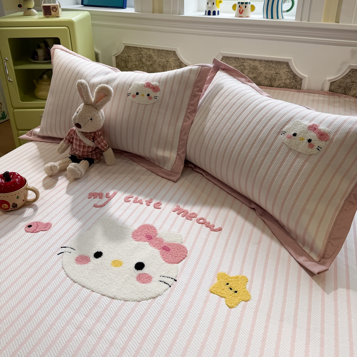 91家纺网 家纺一手货源 找家纺 雅居纺家纺 2026春夏新款PE凉感提花绣花凉席席子 平席-爱恋猫咪