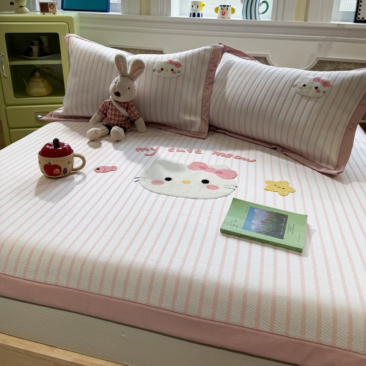 雅居纺家纺 2026春夏新款PE凉感提花绣花凉席席子 平席-爱恋猫咪