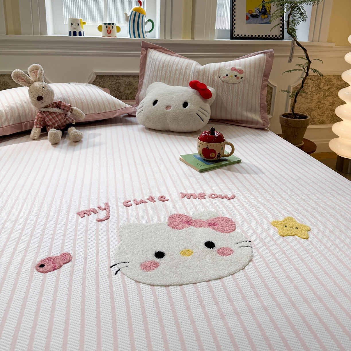 91家纺网 家纺一手货源 找家纺 雅居纺家纺 2026春夏新款PE凉感提花绣花凉席席子 平席-爱恋猫咪