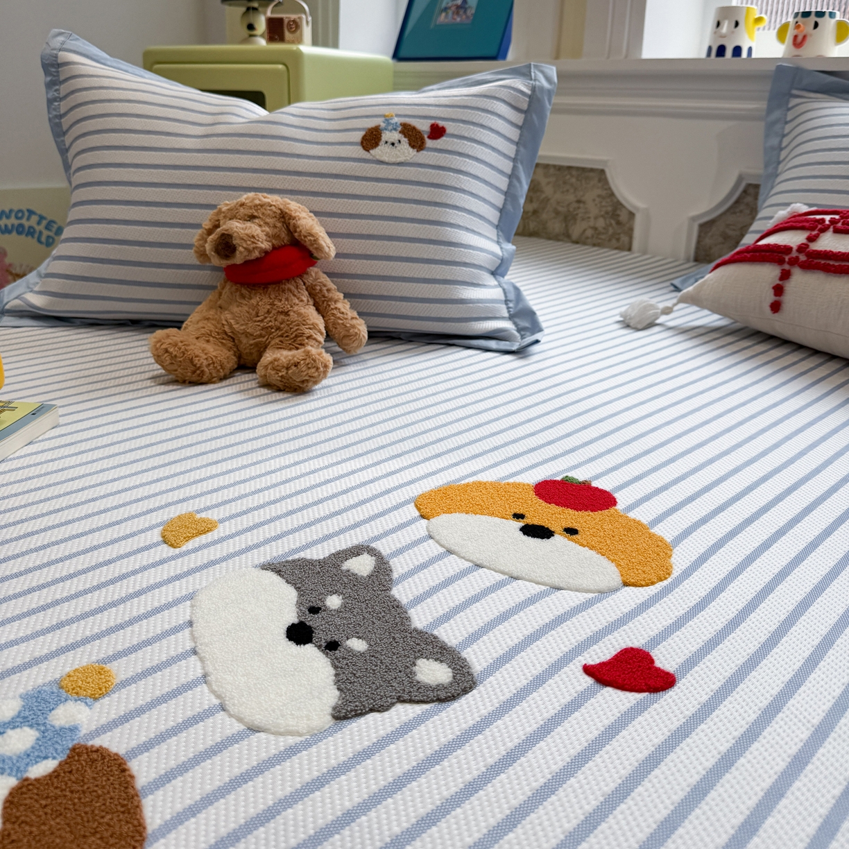 91家纺网 家纺一手货源 找家纺 雅居纺家纺 2026春夏新款PE凉感提花绣花凉席席子 床笠款-狗狗家族