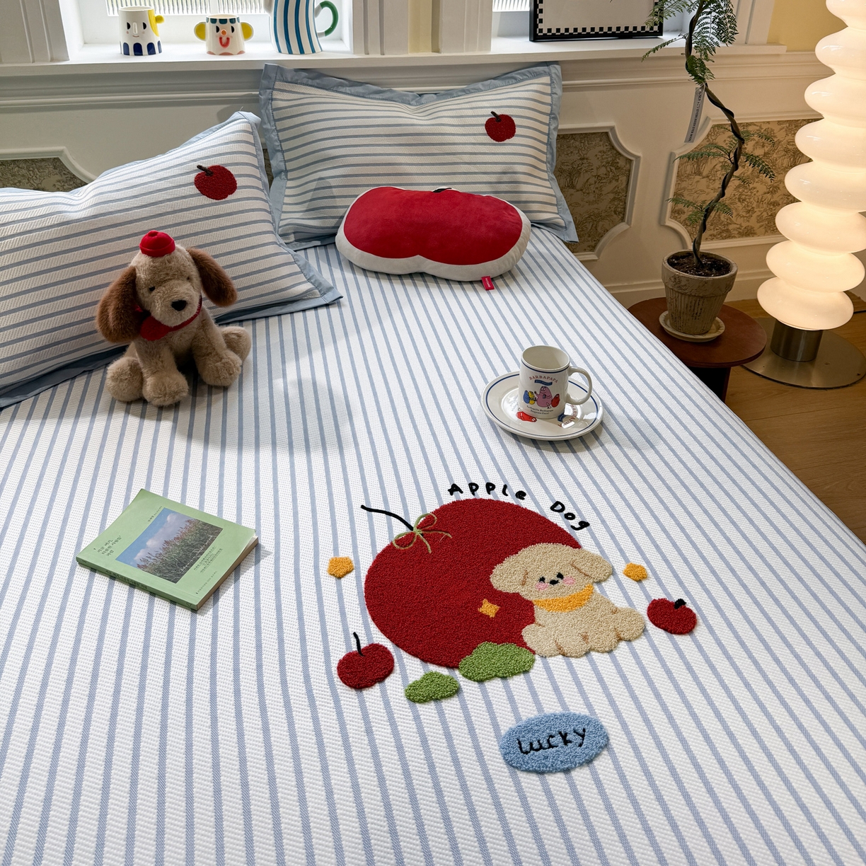 91家纺网 家纺一手货源 找家纺 雅居纺家纺 2026春夏新款PE凉感提花绣花凉席席子 平席-蓝条狗狗