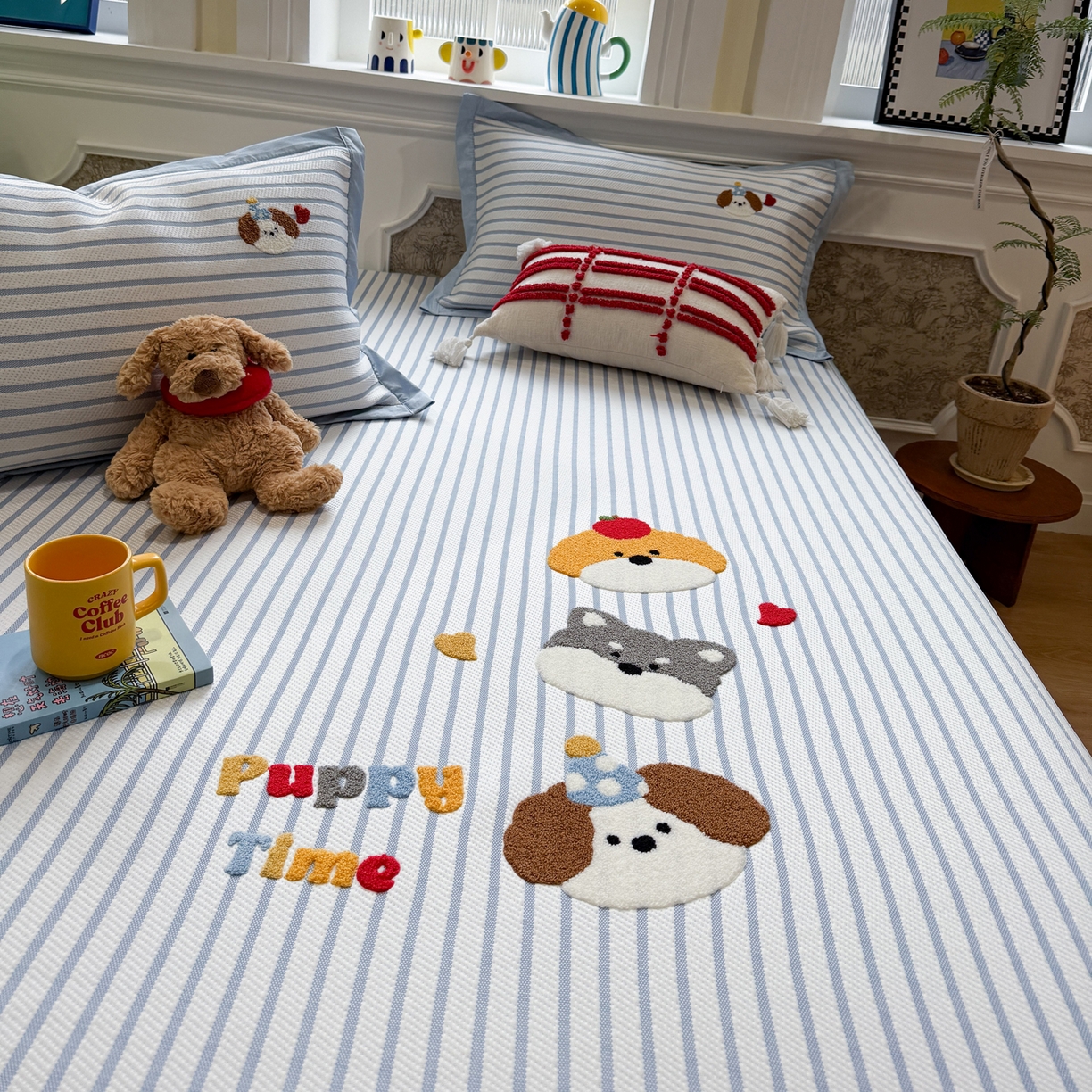 91家纺网 家纺一手货源 找家纺 雅居纺家纺 2026春夏新款PE凉感提花绣花凉席席子 床笠款-狗狗家族