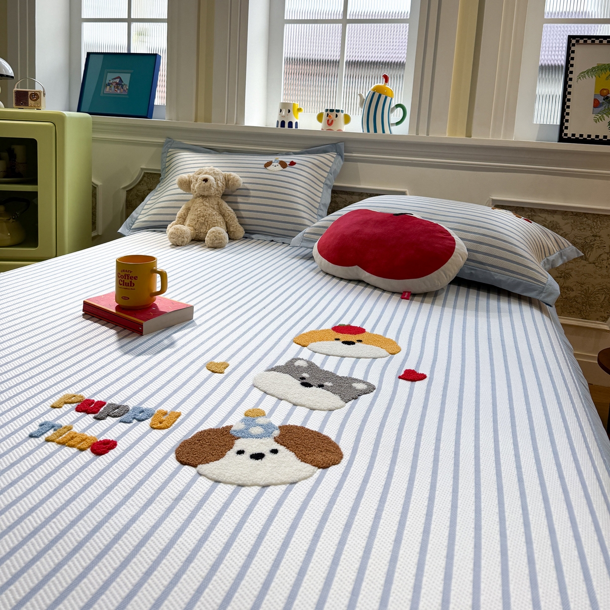 91家纺网 家纺一手货源 找家纺 雅居纺家纺 2026春夏新款PE凉感提花绣花凉席席子 平席-狗狗家族