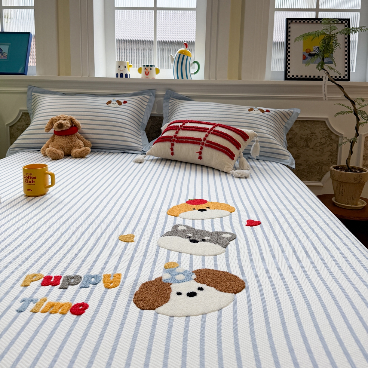 91家纺网 家纺一手货源 找家纺 雅居纺家纺 2026春夏新款PE凉感提花绣花凉席席子 床笠款-狗狗家族