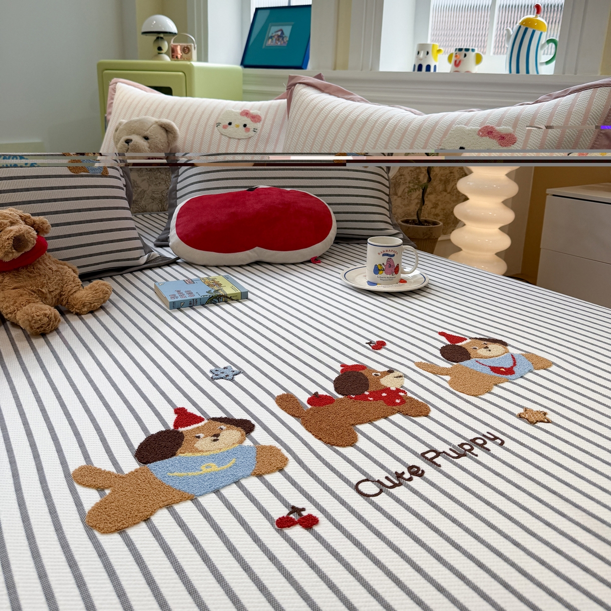 91家纺网 家纺一手货源 找家纺 雅居纺家纺 2026春夏新款PE凉感提花绣花凉席席子 床笠款-爱恋猫咪