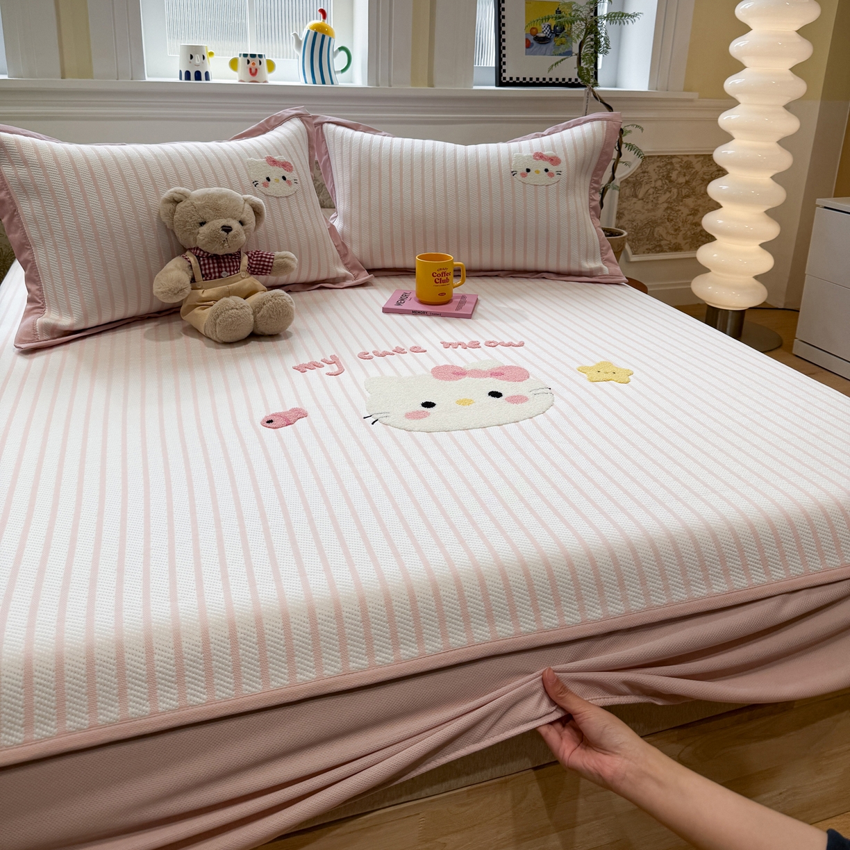 雅居纺家纺 2026春夏新款PE凉感提花绣花凉席席子 床笠款-爱恋猫咪