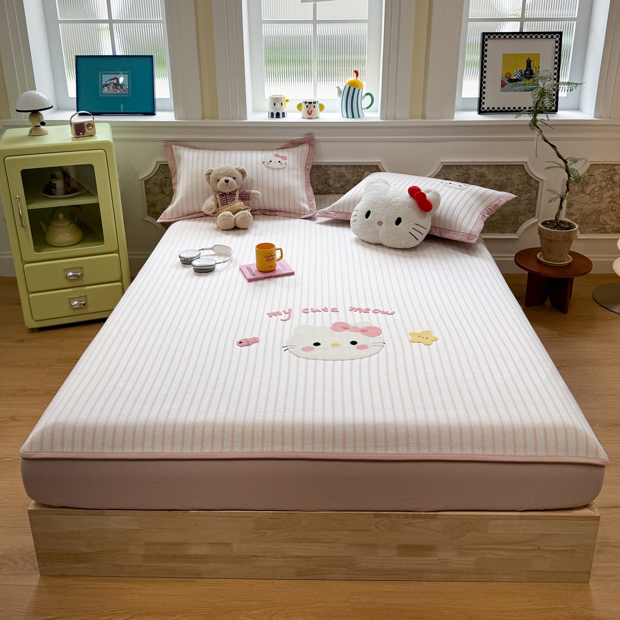 91家纺网 家纺一手货源 找家纺 雅居纺家纺 2026春夏新款PE凉感提花绣花凉席席子 床笠款-爱恋猫咪