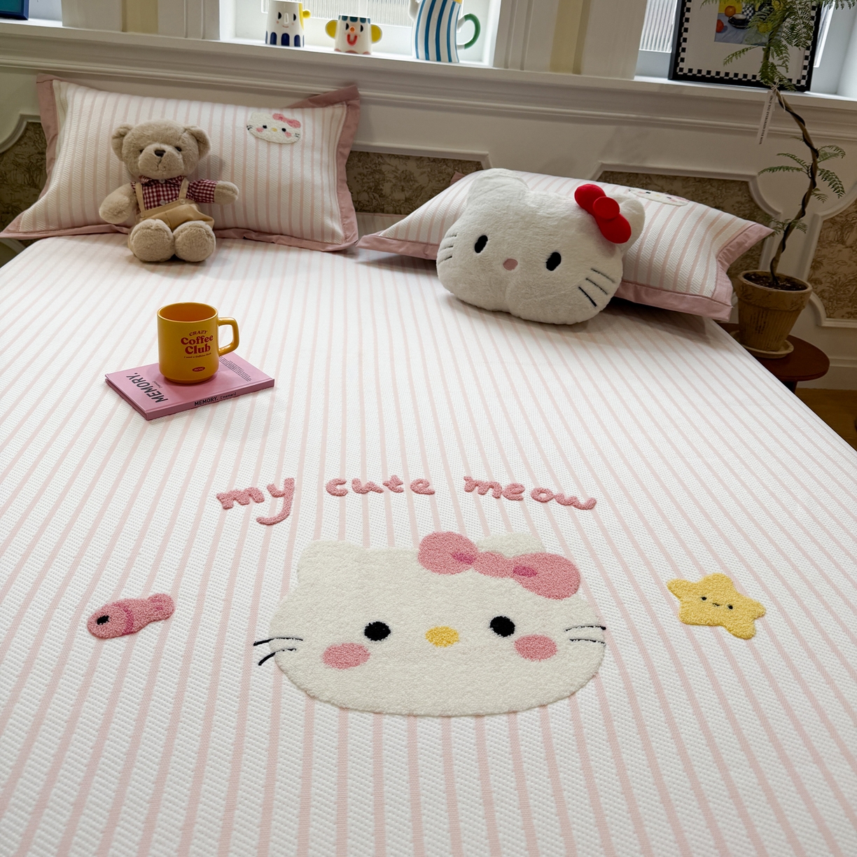 91家纺网 家纺一手货源 找家纺 雅居纺家纺 2026春夏新款PE凉感提花绣花凉席席子 床笠款-爱恋猫咪