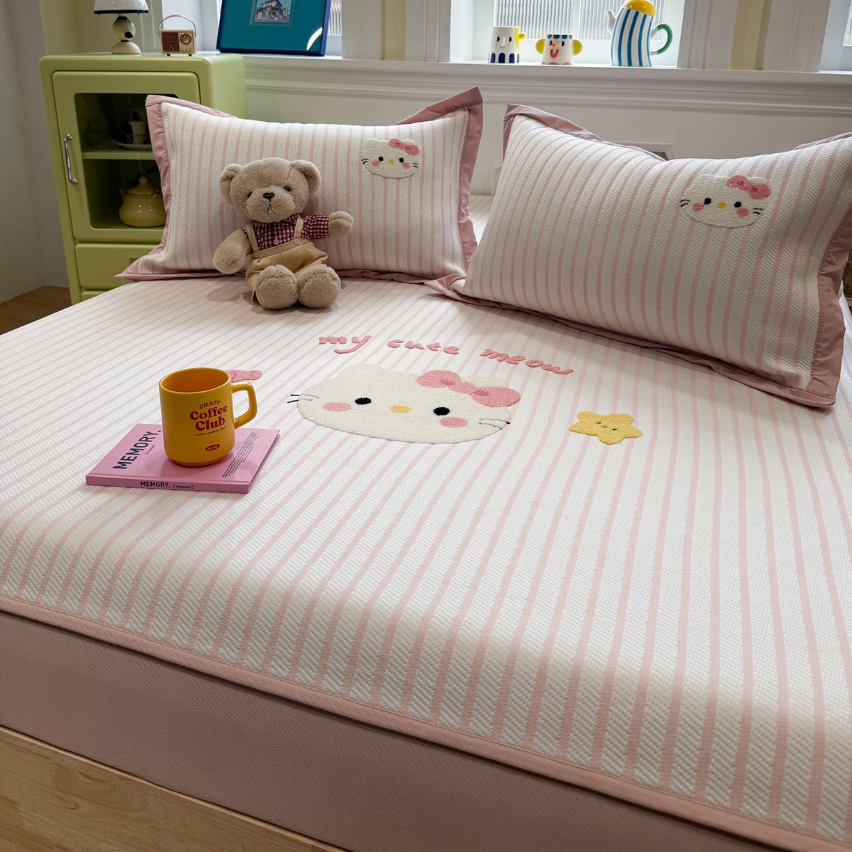 91家纺网 家纺一手货源 找家纺 雅居纺家纺 2026春夏新款PE凉感提花绣花凉席席子 床笠款-爱恋猫咪